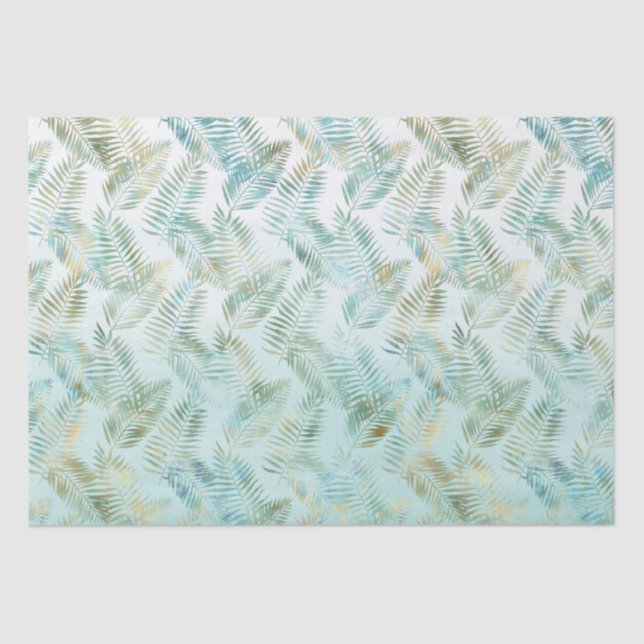 Gold Aqua Green Tropical Leaves Tissue Paper (Front)