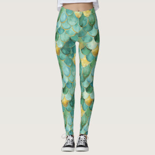 Gold Aqua Mermaid Scale Watercolor Pattern Leggings