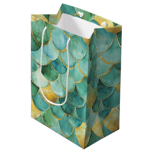Gold Aqua Mermaid Scale Watercolor Pattern Medium Gift Bag (Front Angled)