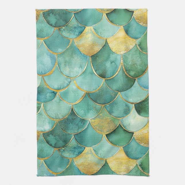 Gold Aqua Mermaid Scale Watercolor Pattern Tea Towel (Vertical)