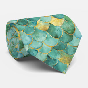 Gold Aqua Mermaid Scale Watercolor Pattern Tie