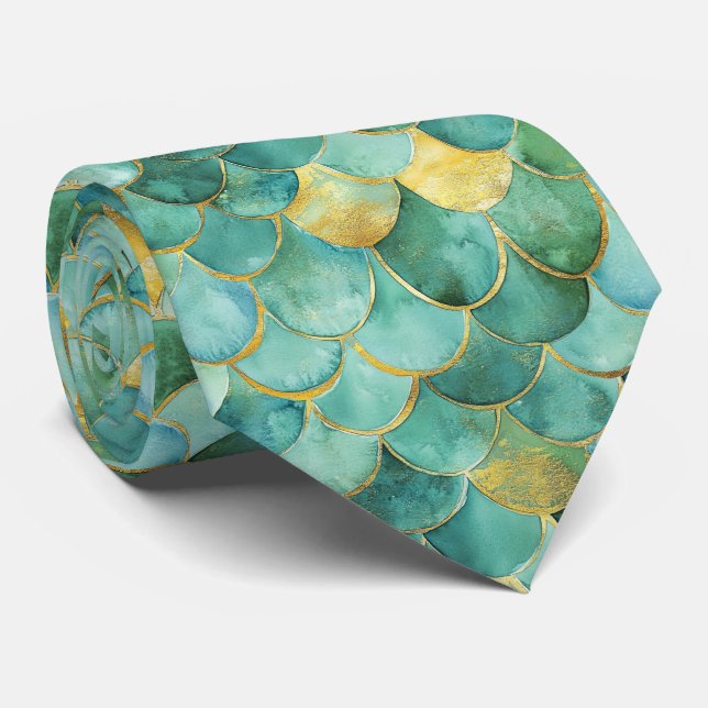 Gold Aqua Mermaid Scale Watercolor Pattern Tie (Rolled)