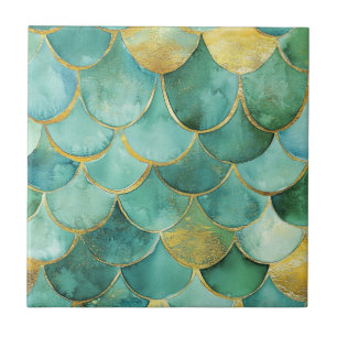 Gold Aqua Mermaid Scale Watercolor Pattern Tile