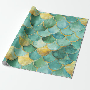 Gold Aqua Mermaid Scale Watercolor Pattern Wrapping Paper