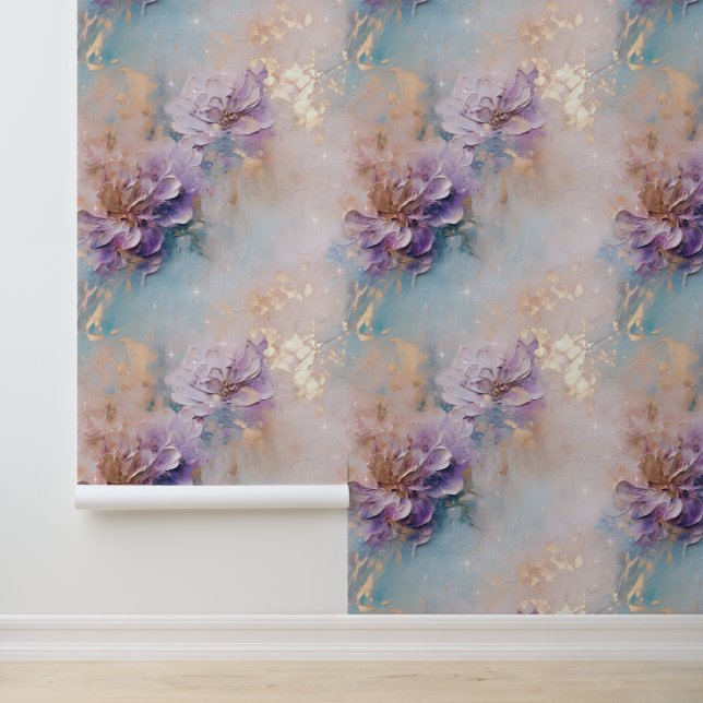 Gold Aqua Purple Floral Wallpaper (Application)