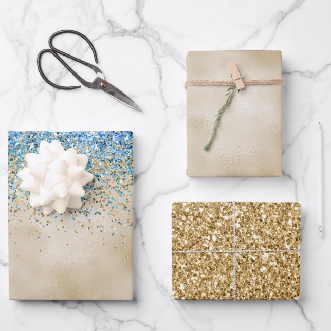 Gold Aqua Purple Glitter Sparkle Wrapping Paper Sheet (Front)