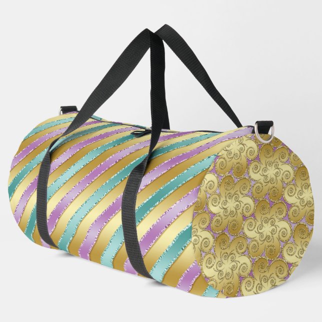 GOLD AQUA & PURPLE SATIN STRIPE LOOK PATTERN DUFFLE BAG (Left Corner)