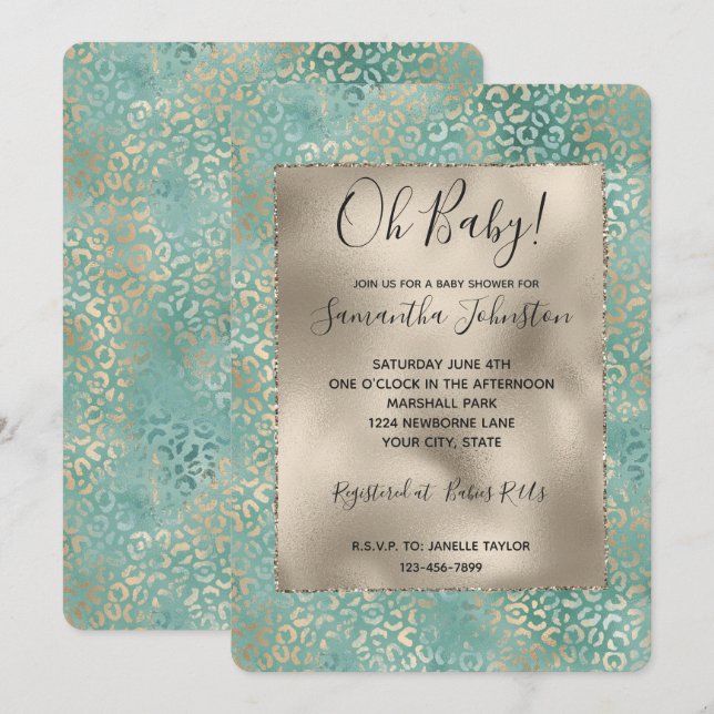 Gold Aqua Teal Turquoise Glam Leopard Print Invitation (Front/Back)