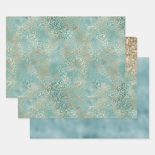 Gold Aqua Teal Turquoise Glam Leopard Print Wrapping Paper Sheet (Set)