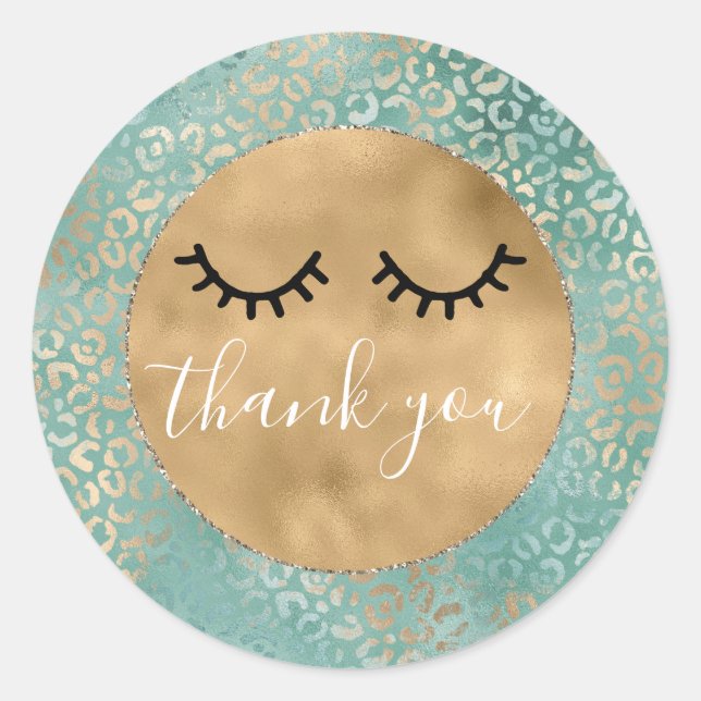 Gold Aqua Teal Turquoise Leopard Print Thank you Classic Round Sticker (Front)