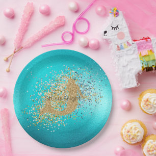 Gold Aqua Turquoise Glitter Sparkle Mermaid     Paper Plate