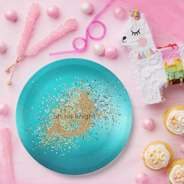 Gold Aqua Turquoise Glitter Sparkle Mermaid     Paper Plate (Party)
