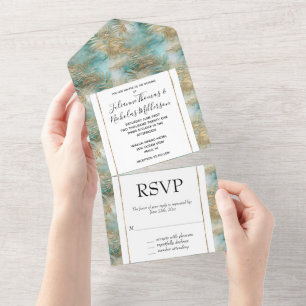Gold Aqua White Tropical Leaves All In One Invitation