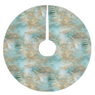 Gold Aqua White Tropical Leaves Brushed Polyester Tree Skirt