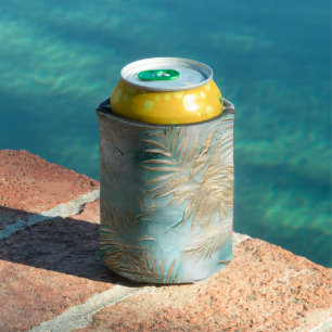 Gold Aqua White Tropical Leaves Can Cooler