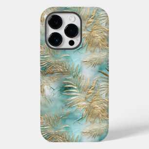 Gold Aqua White Tropical Leaves Case-Mate iPhone 14 Pro Case