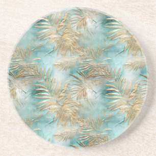 Gold Aqua White Tropical Leaves Coaster