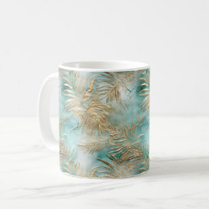 Gold Aqua White Tropical Leaves Coffee Mug