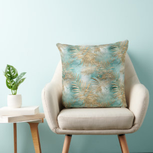 Gold Aqua White Tropical Leaves Cushion