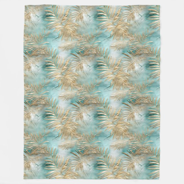 Gold Aqua White Tropical Leaves Fleece Blanket (Front)