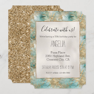 Gold Aqua White Tropical Leaves Invitation