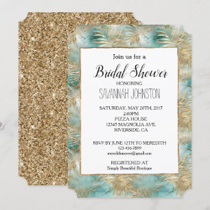 Gold Aqua White Tropical Leaves Invitation