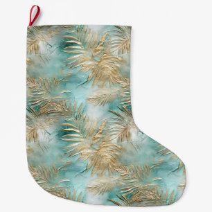 Gold Aqua White Tropical Leaves Large Christmas Stocking