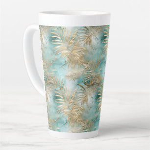 Gold Aqua White Tropical Leaves Latte Mug