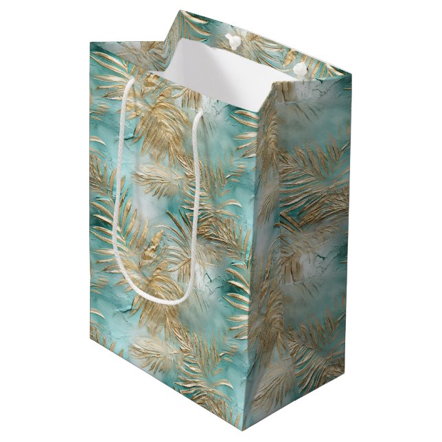 Gold Aqua White Tropical Leaves Medium Gift Bag (Front Angled)