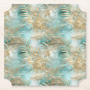 Gold Aqua White Tropical Leaves Paper Coaster