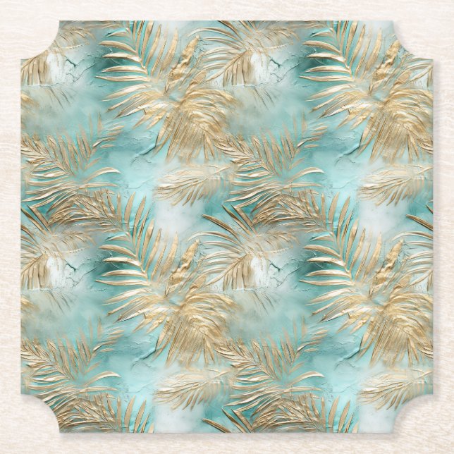 Gold Aqua White Tropical Leaves Paper Coaster (Front)