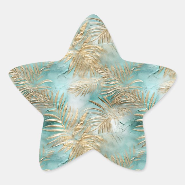 Gold Aqua White Tropical Leaves Star Sticker (Front)