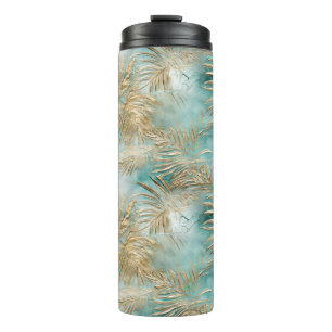 Gold Aqua White Tropical Leaves Thermal Tumbler