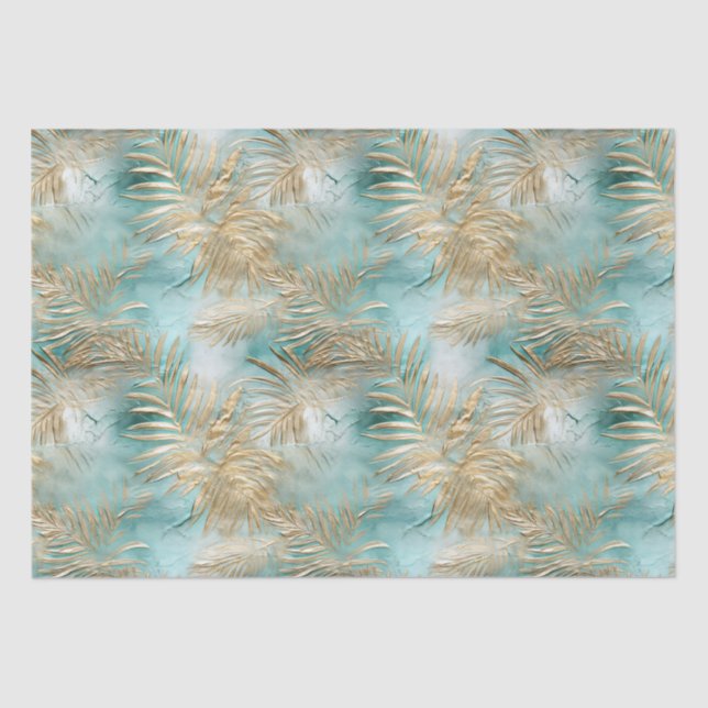 Gold Aqua White Tropical Leaves Tissue Paper (Front)