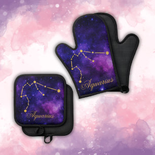 Gold Aquarius Constellation on Dark Galaxy   Oven Mitt & Pot Holder Set
