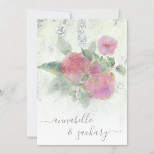 *~* Gold AR12 QR Damask RSVP Rose Bouquet Wedding  Invitation