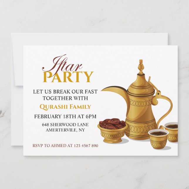 Gold Arabic Dallah Coffee & Dates Iftar Party Invitation (Front)