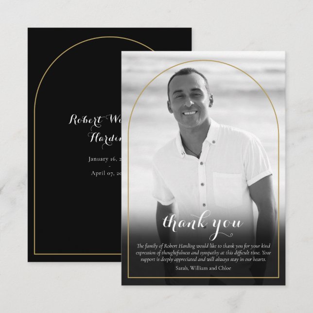 Gold Arch Black and White Photo Funeral Thank You Card (Front/Back)