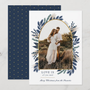 Gold Arch Elegant Foliage Navy One Photo Christmas Holiday Card