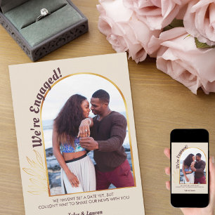 Gold Arch Engaged Photo Champagne Engagement Announcement