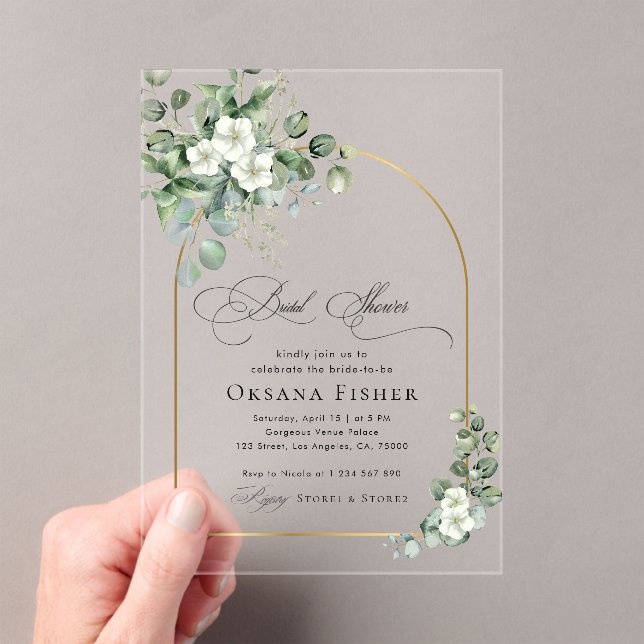 Gold Arch & Eucalyptus Transparent Bridal Shower Acrylic Invitations (Insitu (Handheld))