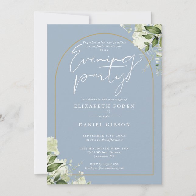 Gold Arch Floral Dusty Blue Wedding Evening Party Invitation (Front)