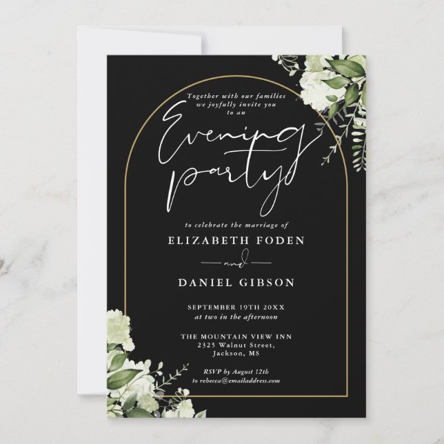 Gold Arch Floral Greenery Wedding Evening Party Invitation (Front)