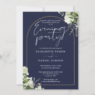 Gold Arch Floral Navy Blue Wedding Evening Party Invitation