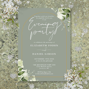 Gold Arch Floral Sage Green Wedding Evening Party Invitation