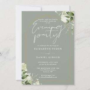 Gold Arch Floral Sage Green Wedding Evening Party Invitation