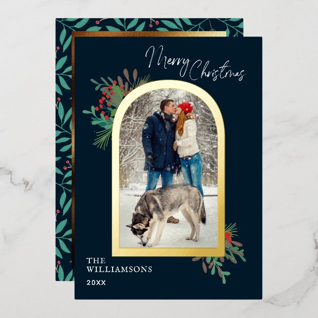 Gold Arch Frame Merry Christmas Botanical Photo Foil Holiday Card (Front/Back)