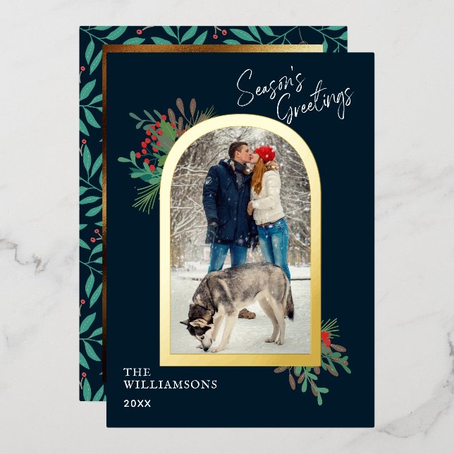 Gold Arch Frame Season's Greetings 1 Photo Foil Holiday Card (Front/Back)