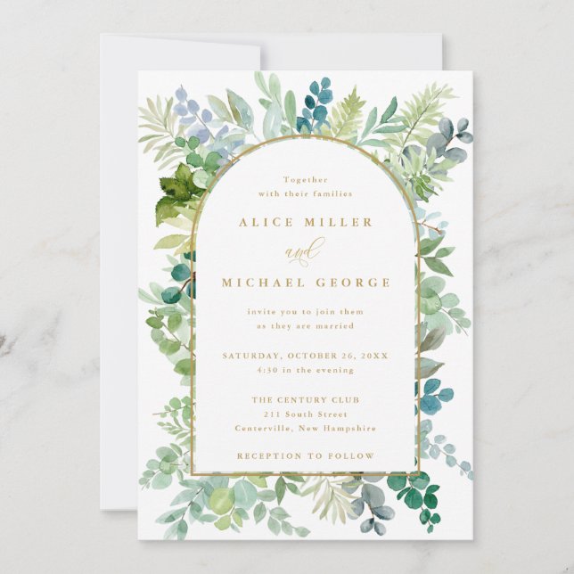 Gold Arch Frame Watercolor Greenery Wedding Invitation (Front)