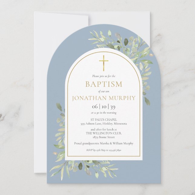 Gold Arch Greenery Dusty Blue Boy Baptism  Invitation (Front)